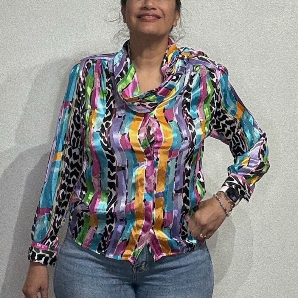 Anastasia Abstract Metallic Stripe Satin Vintage Button Front Blouse Sz 10